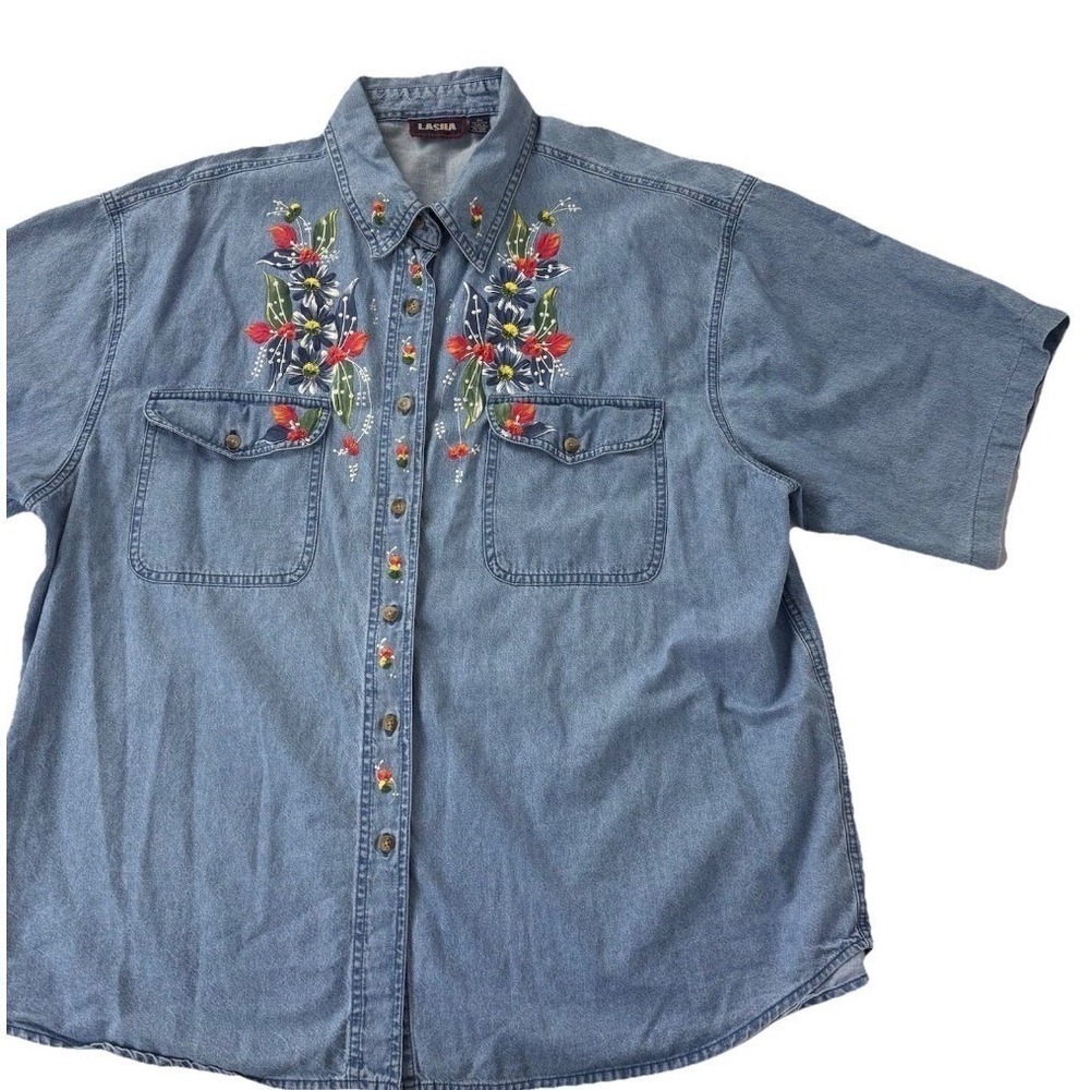Lasha Denim Shirt Women 3X Blue Short Sleeve Floral Floral 3D Puffy Pant Cotton